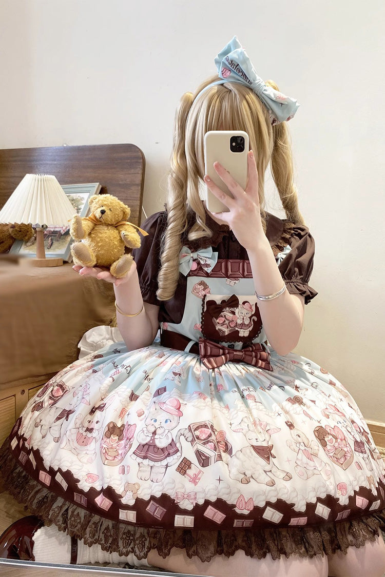 Chocolate Rosette Cat Printed Bow Stitching Lace Sweet Lolita JSK Dress