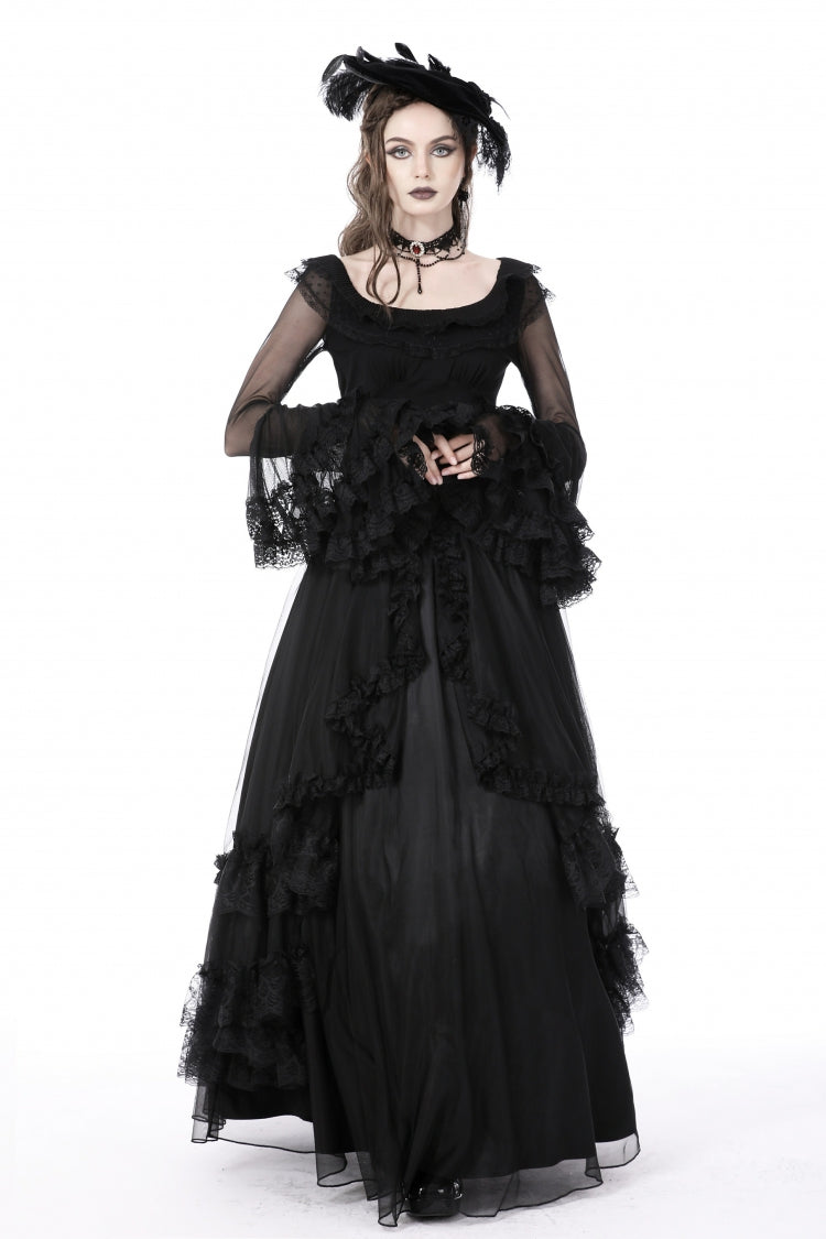 Gothic Women's Top with Trumpet Sleeves and Ruffles, Black