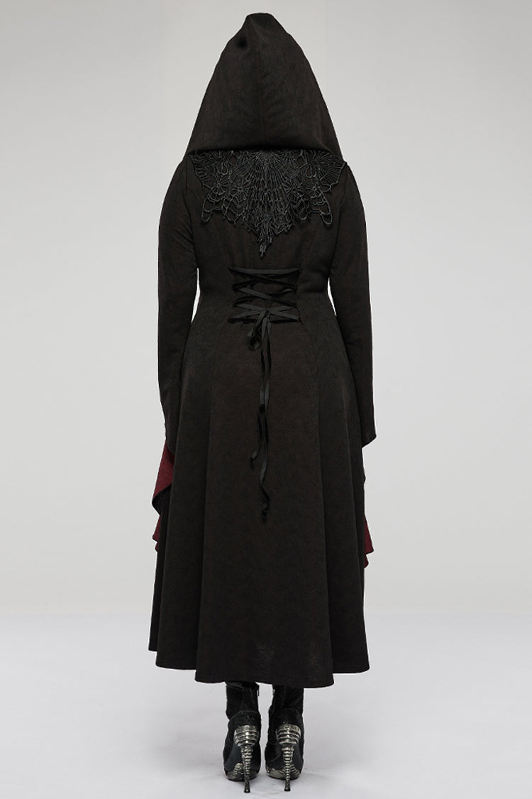 Crimson & Noir Knitted Witch Rose Patterned Gothic Overcoat with Oversized Hood