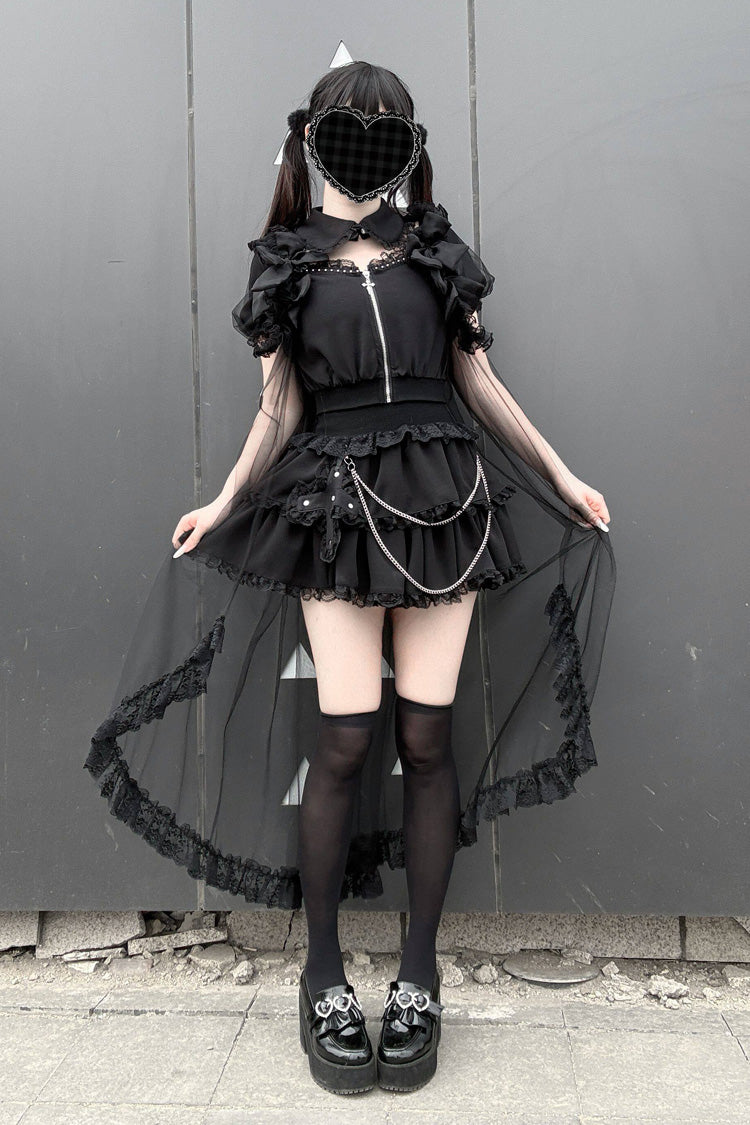 Gothic Layered Lace Zip Chain Skirt Set with Short Sleeves - Song of Atonement