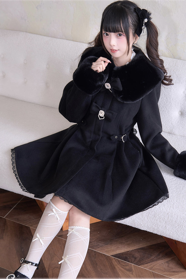 Plush Collar Waist-Cinched Long Sleeve Bow Lace Coat - Lolita Outerwear