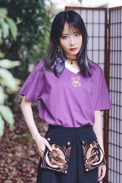 Demonic Embroidered Ouji Wide-Leg Trousers in Black