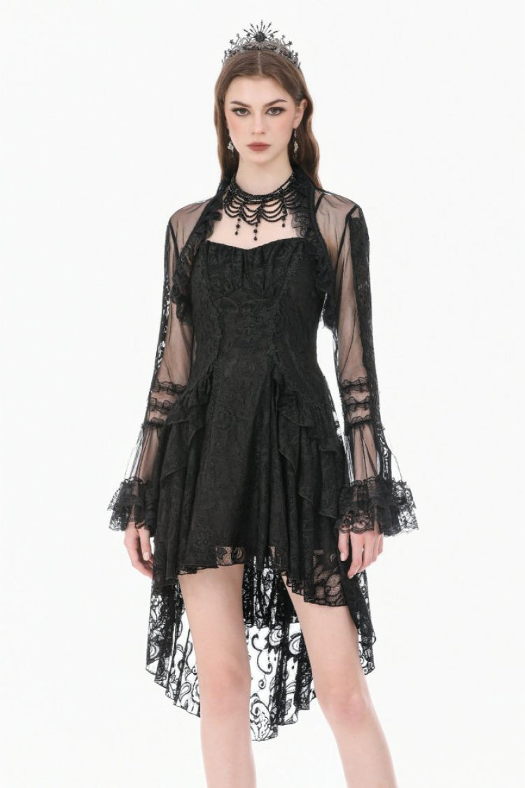 Gothic Sheer Mesh Black Lace High-Collar Flared Long-Sleeve Dramatic Cape