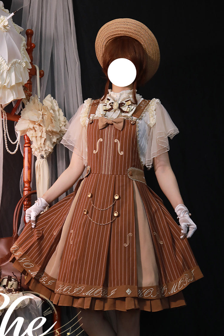 Sweet College Lolita Strap Dress Violin Embroidery Bowknot Ruffled - Two Colors