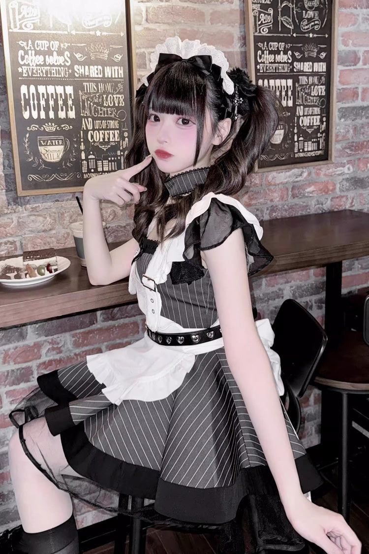 Grey/Black Short Sleeve Stripe Print Ruffle Jirai Kei Gown