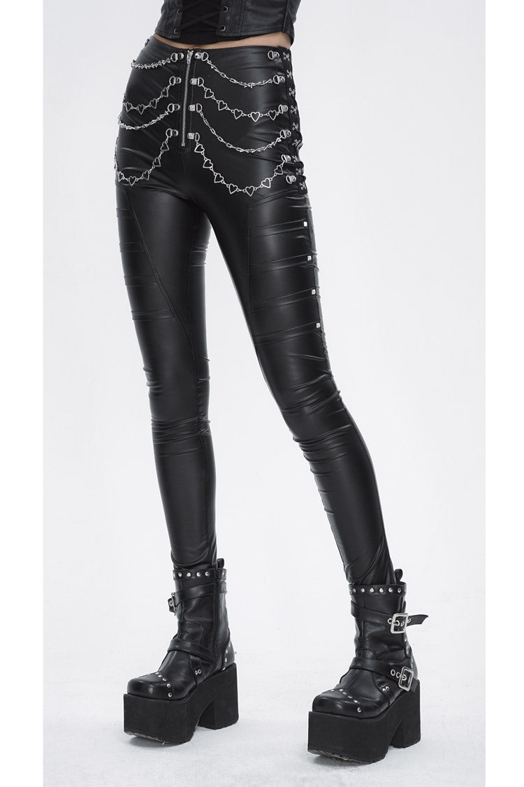 Skinny Faux Leather Punk Pants with Chain Studs for Women