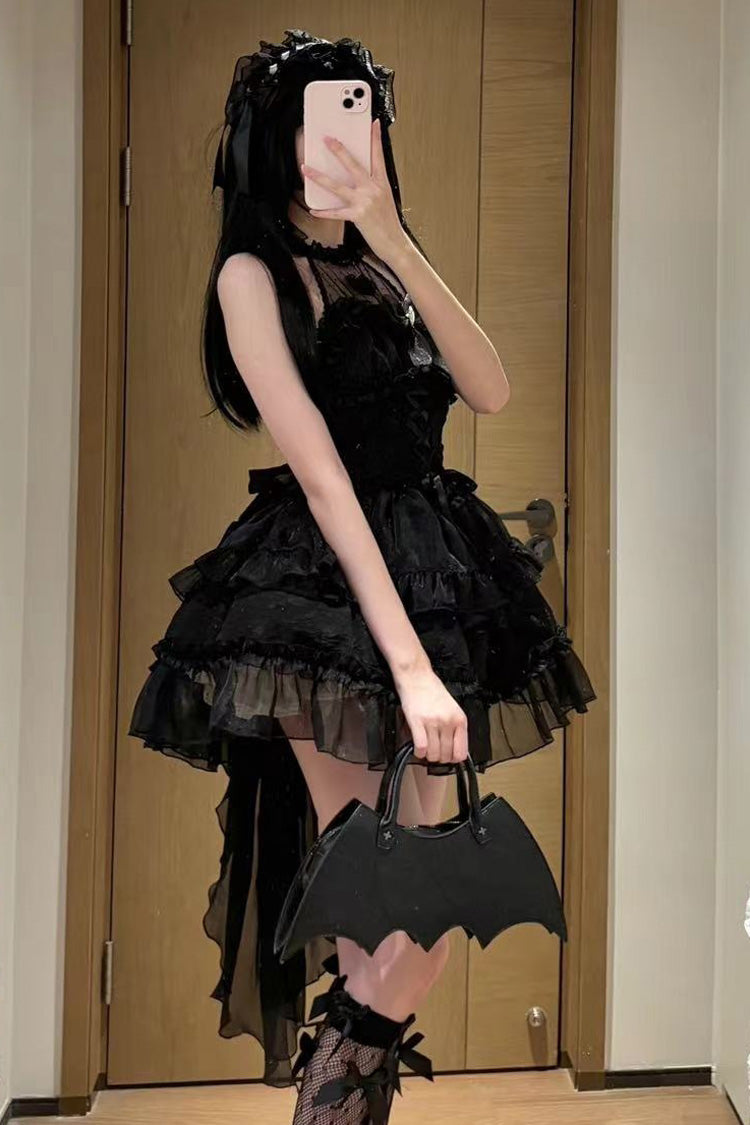 Black Gothic Lolita JSK Halterneck Triple Layered Bowknot Lace