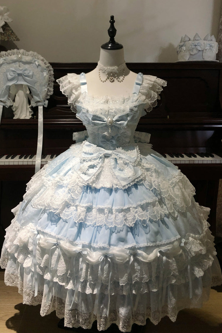 Eternal Floral Message Square Collar Sleeveless Multi-Layered Embroidered Bow Lace Sweet Lolita Jsk Dress - Blue