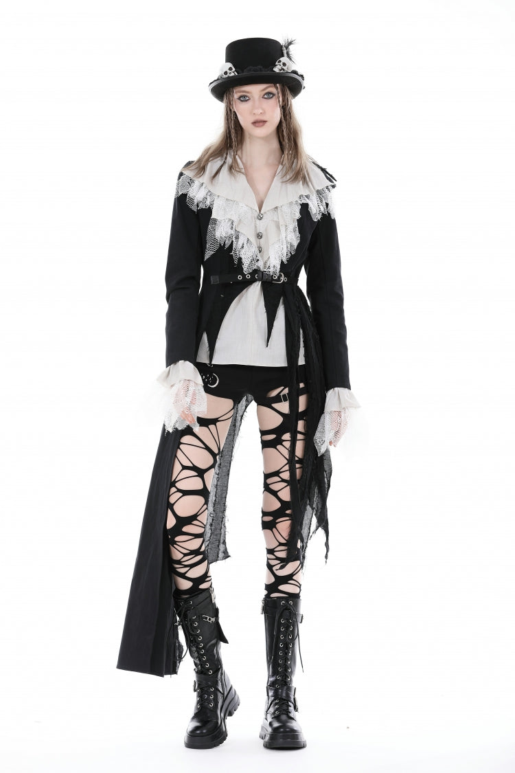 Peak Lapel Distressed Gothic Punk Coat with Belt