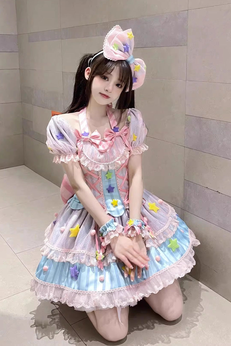 Pastel Multi Print Bowknot Star Motif Sweet Lolita Mini Dress