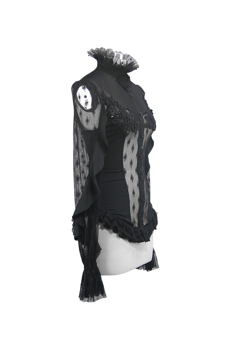 Gothic Blouse with High Collar Beaded Flowers Lace Cuffs Back Lace-Up