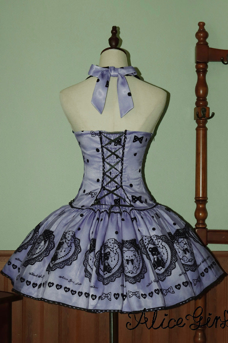 Purple Halterneck Sleeveless Embroidered Bow Sweet Dress - Sugar Bear
