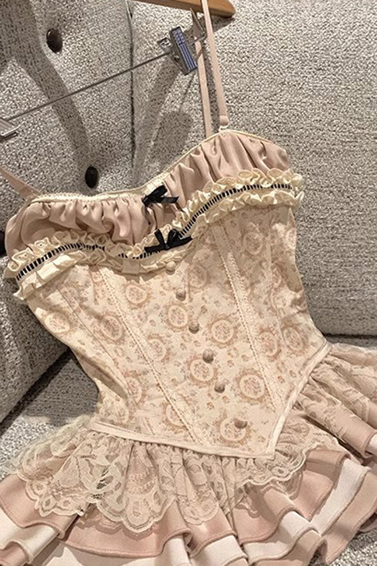 Apricot Multi-Layer Printed Embroidered Bow Sweet Vintage Lolita Skirt