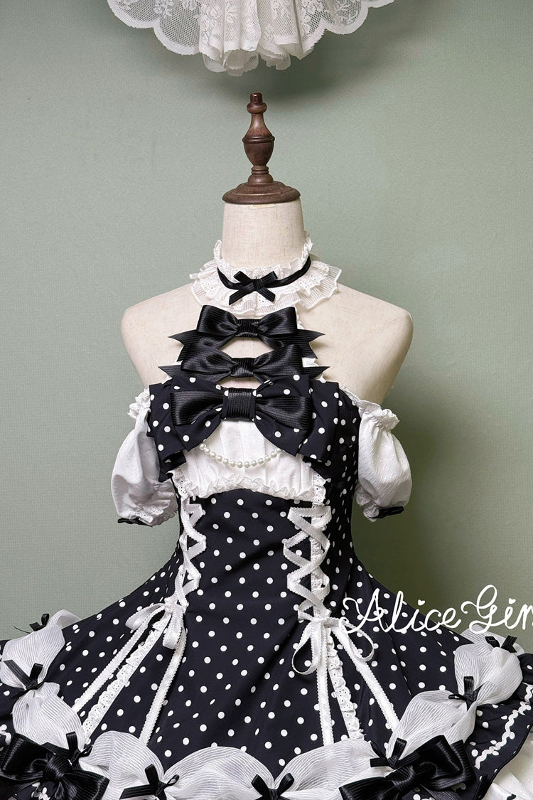 Black/White Halterneck Short Sleeve Triple-Layered Polka Dot Bow Lace-Up Sweet Dress