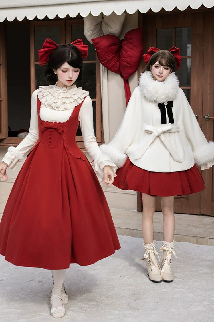 Classic Elegant Lolita Bandeau Dress with Embroidered Bow - Red