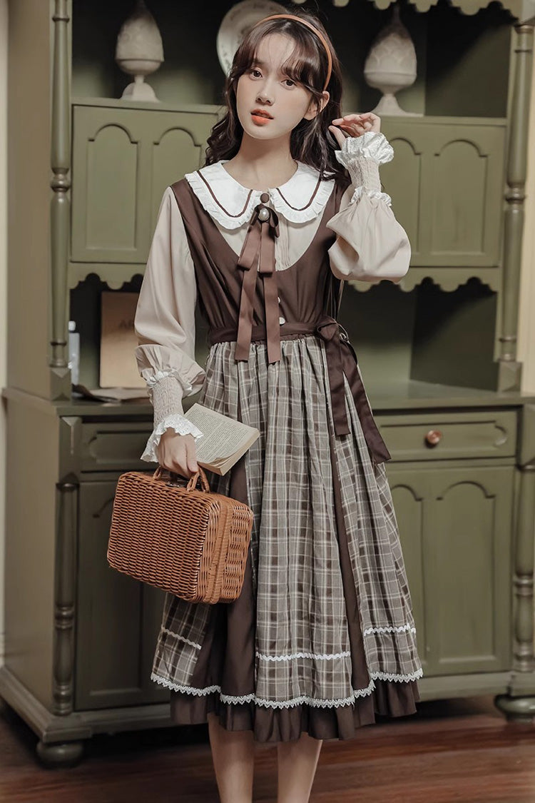 White/Brown Campus Sweet Lolita OP Dress Doll Collar Lantern Sleeves - Altfashion Shop