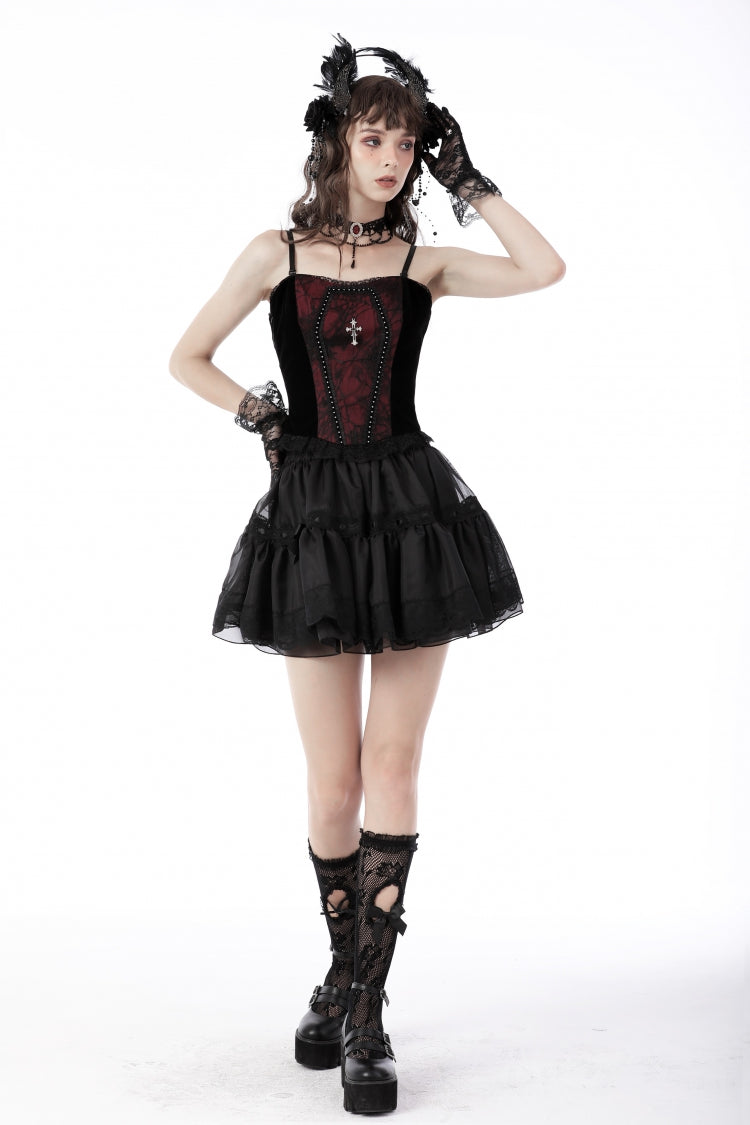 Dark Red Cross-Strap Jacquard Gothic Overbust Corset