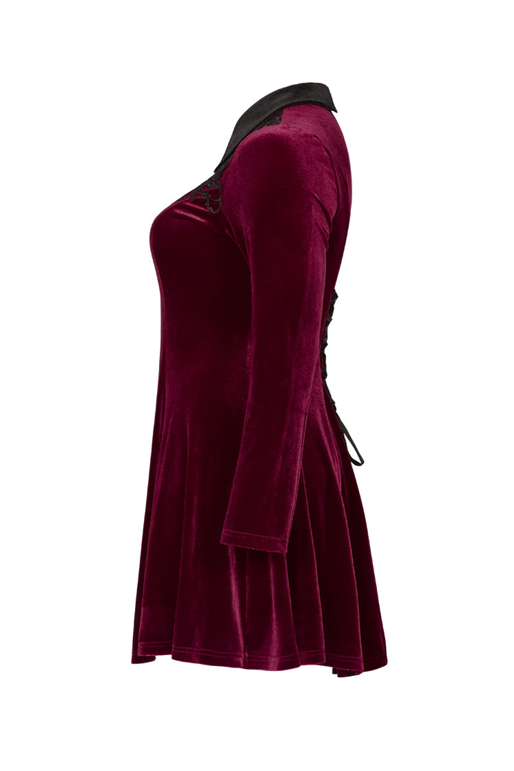 Velvet Front Chest Hollow-Out Decals Back Lace-Up Long Sleeve Plus Size Gothic Dress