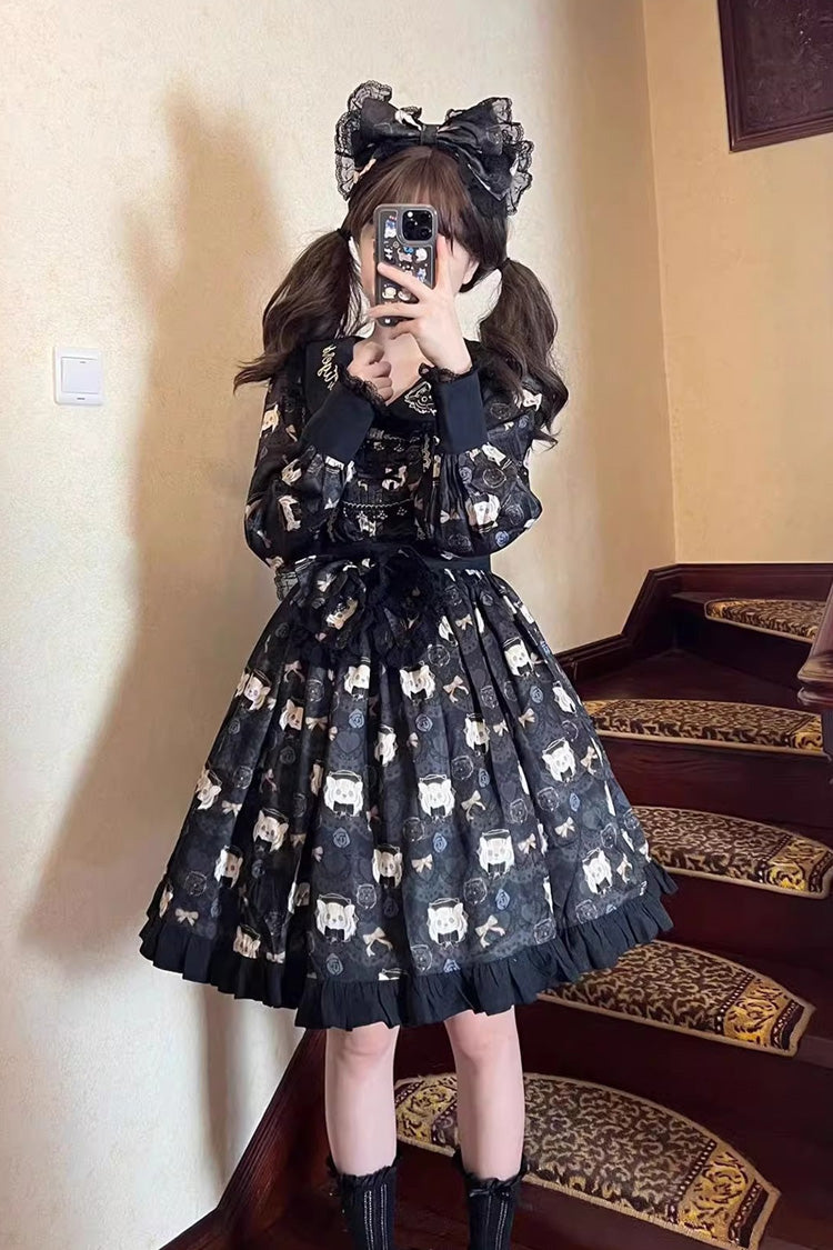 Black Long Sleeve Print Bow Sweet Plus Size College Style Lolita Dress
