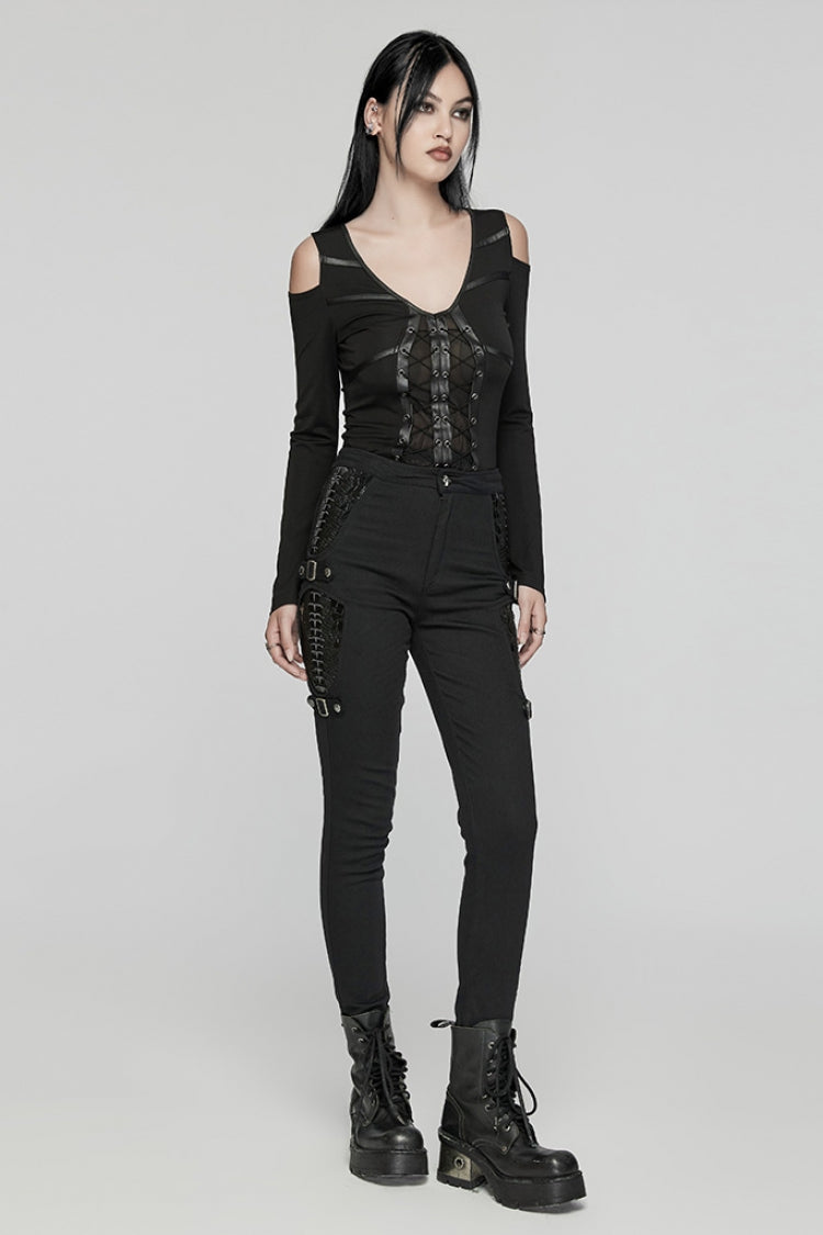 Glossy Vinyl Stitched Punk Trousers for Women