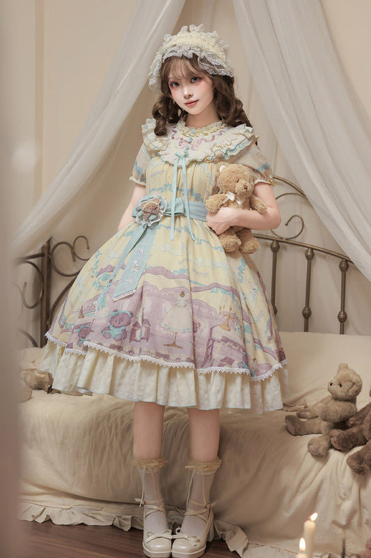Brown Dollhouse Short Sleeves Bear Printed Ruffled Bow Sweet Lolita Dress Set - Yellow