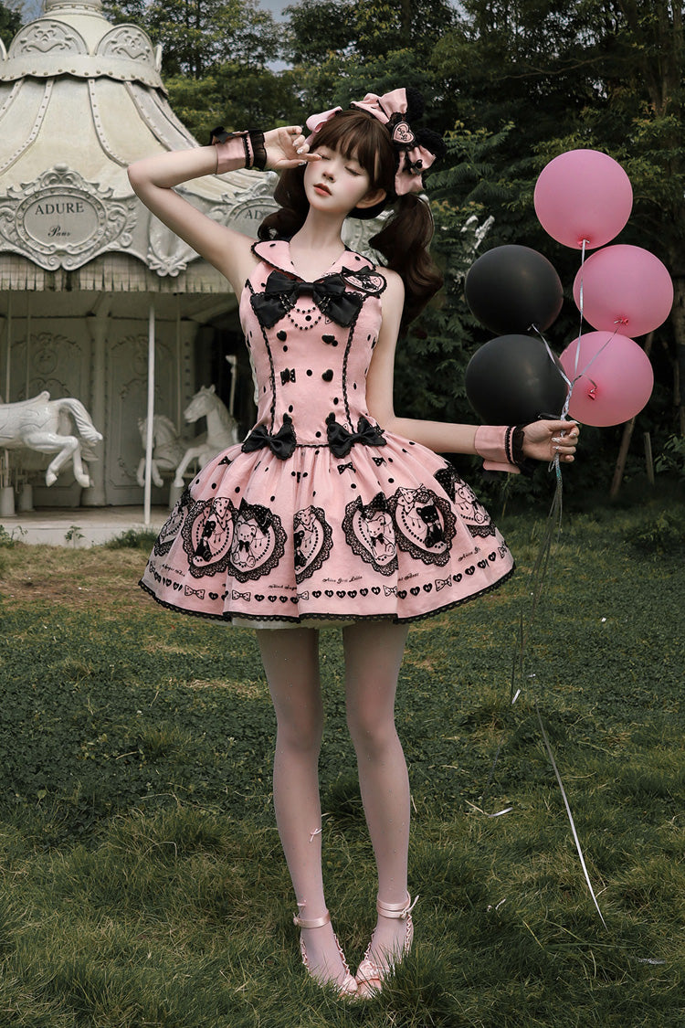Pink Halterneck Sleeveless Embroidered Bow Sweet Dress - Sugar Bear