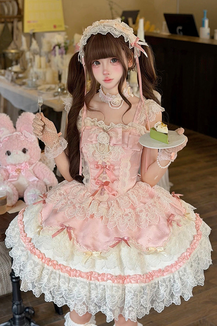 Pink Square Neck Ruffled Bow Lace Ballet Sweet JSK Dress - Rose Feather Romance