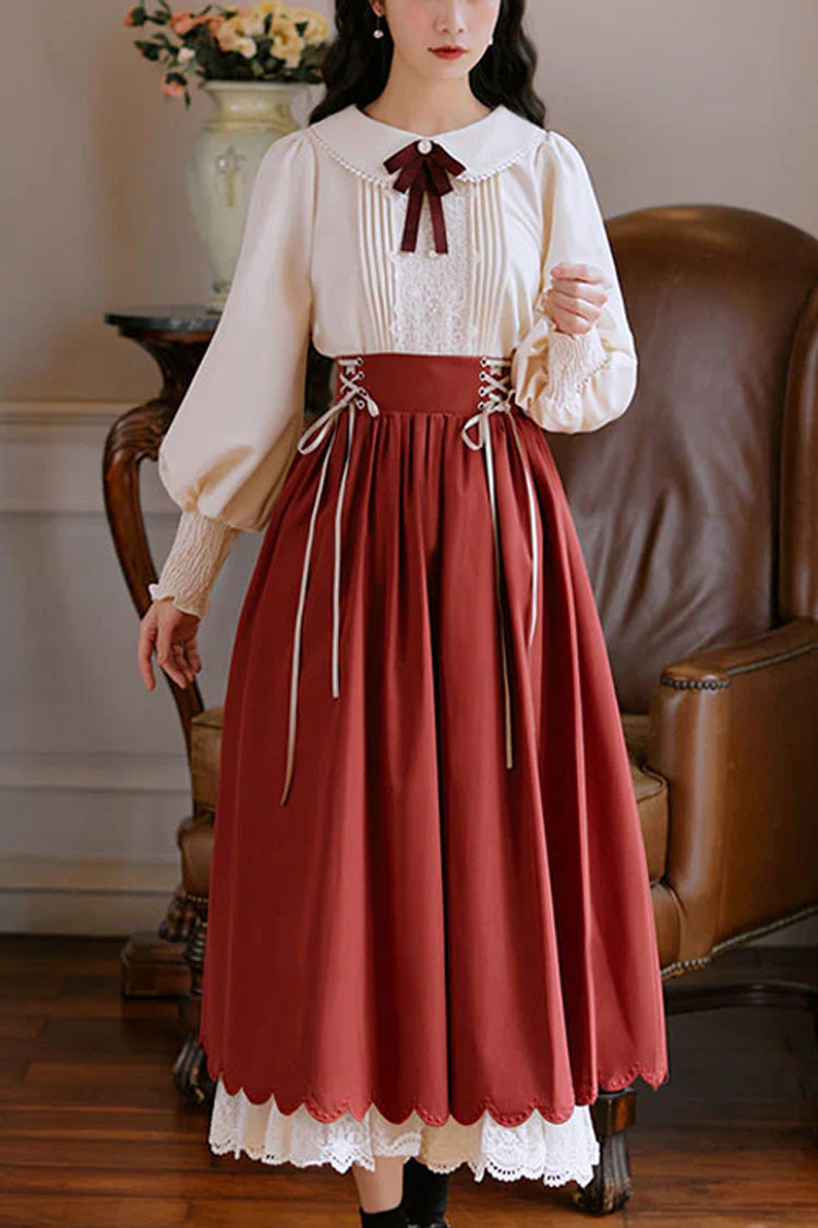 High-Waisted Lace Wave Hem Two-Piece Classic Lolita Dress