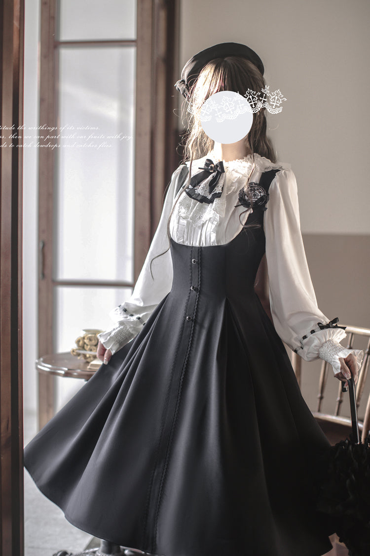 Black/White Sunset Academy Long Sleeves Ruffled Bow Fake Two Pieces Vintage Collegiate Elegant Lolita Gown