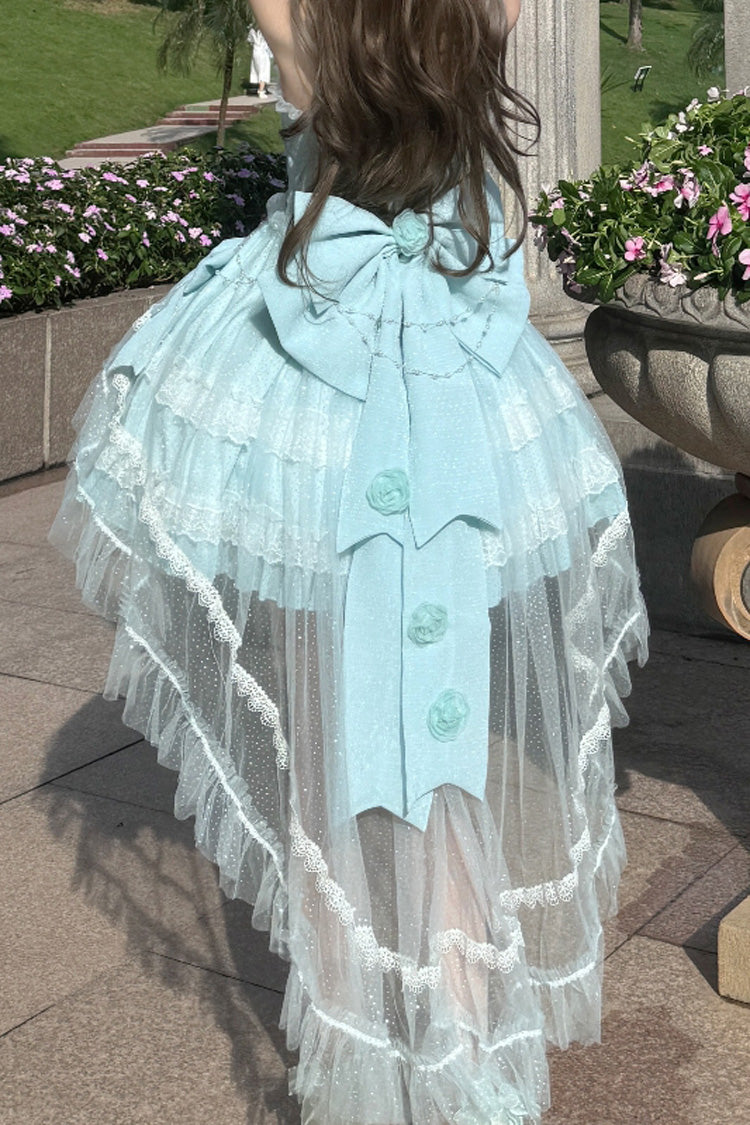 Blue Galaxy-Printed Sweet Tube Top Dress with Ruffles