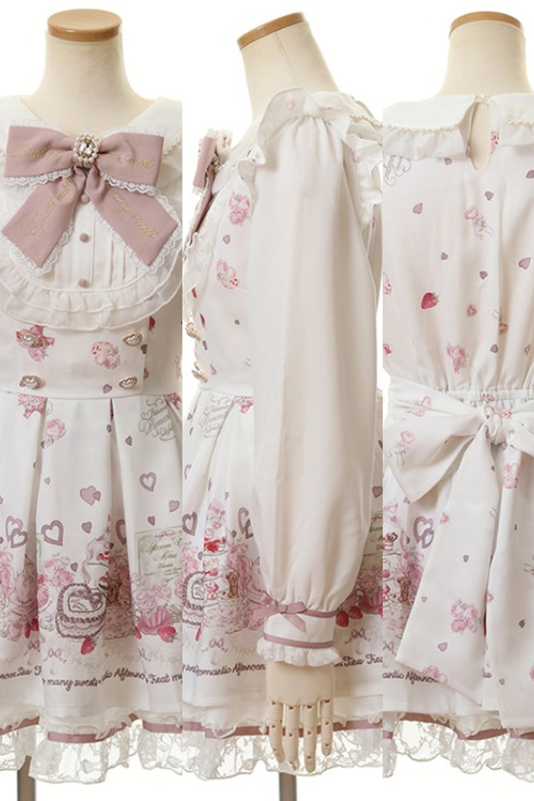 Afternoon Tea Print Ruffle Bowknot Lace Sweet Jirai Kei Plus Size Dress - 3 Colors