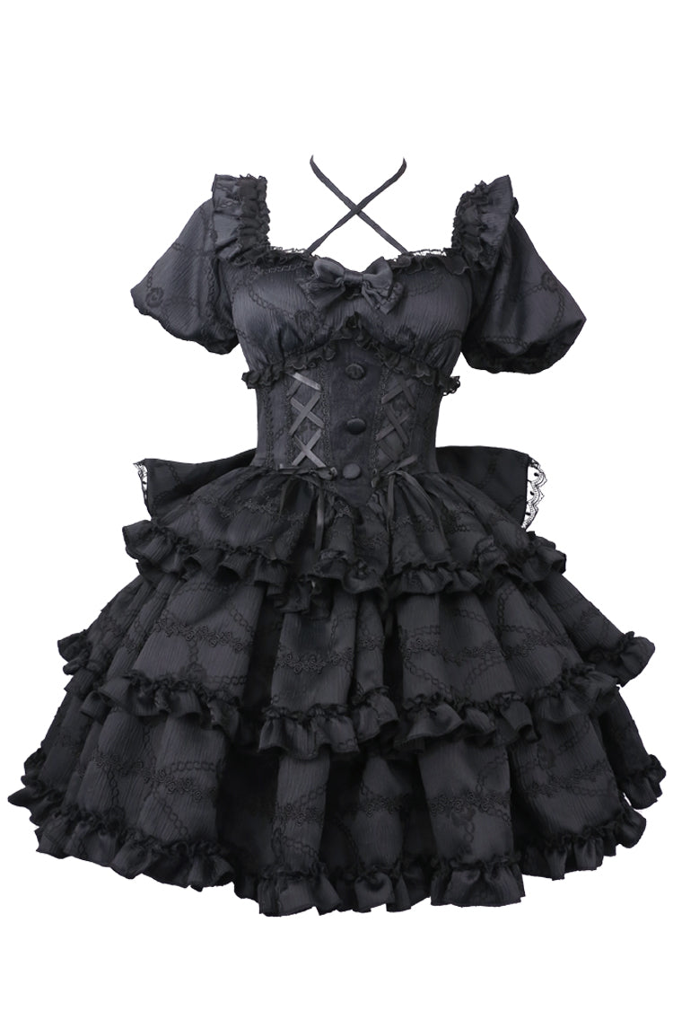 Blush Square Collar Short Sleeve Triple-Layered Ruffle Bowknot Sweet Lolita Gown