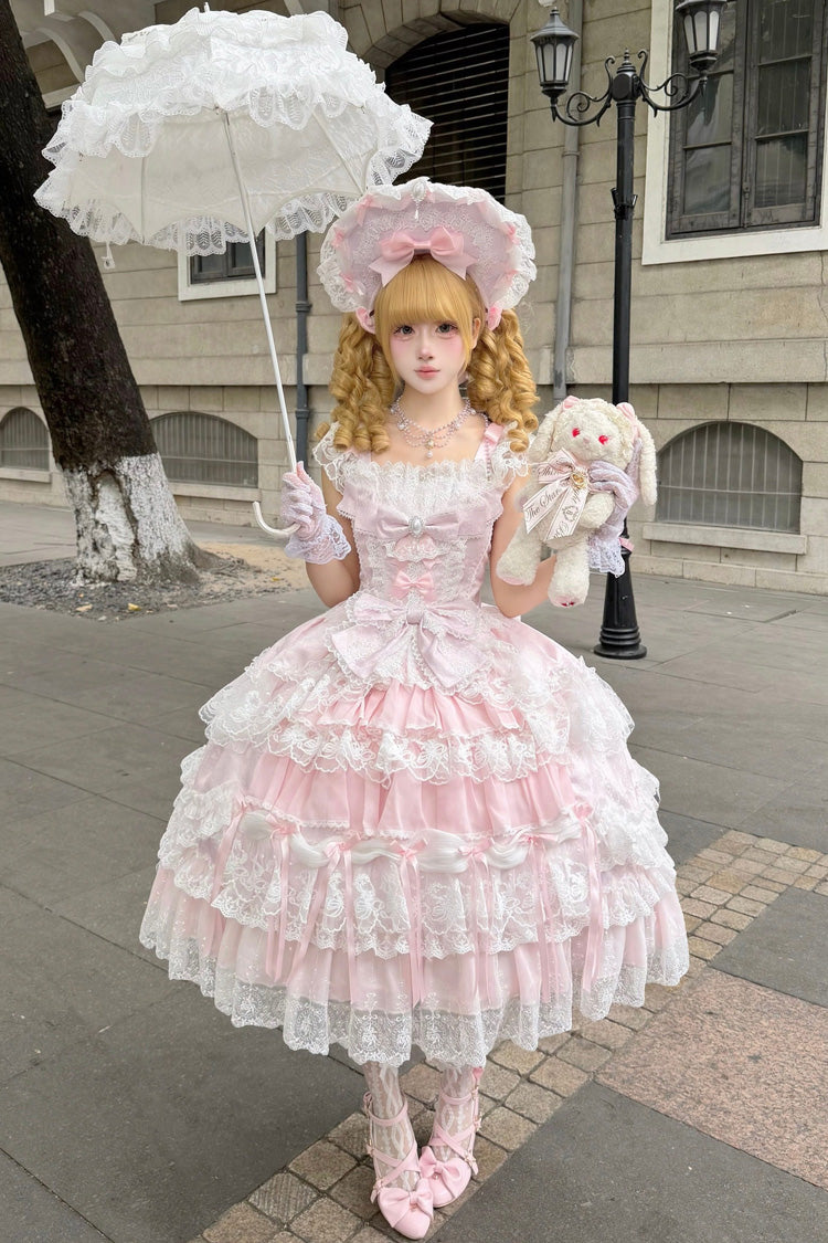 Eternal Floral Message Square Collar Sleeveless Multi-Layered Embroidered Bow Lace Sweet Lolita Jsk Dress - Pink