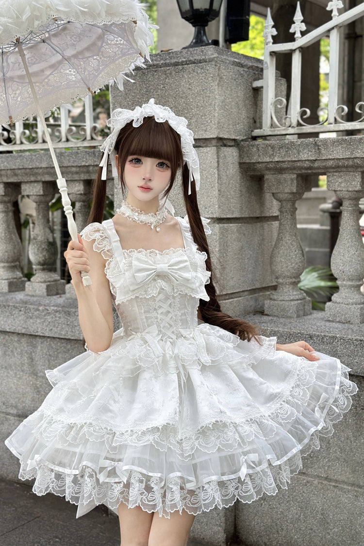 Ivory Sleeveless Ruffle Bow Lace Slim Sweet Ballet JSK