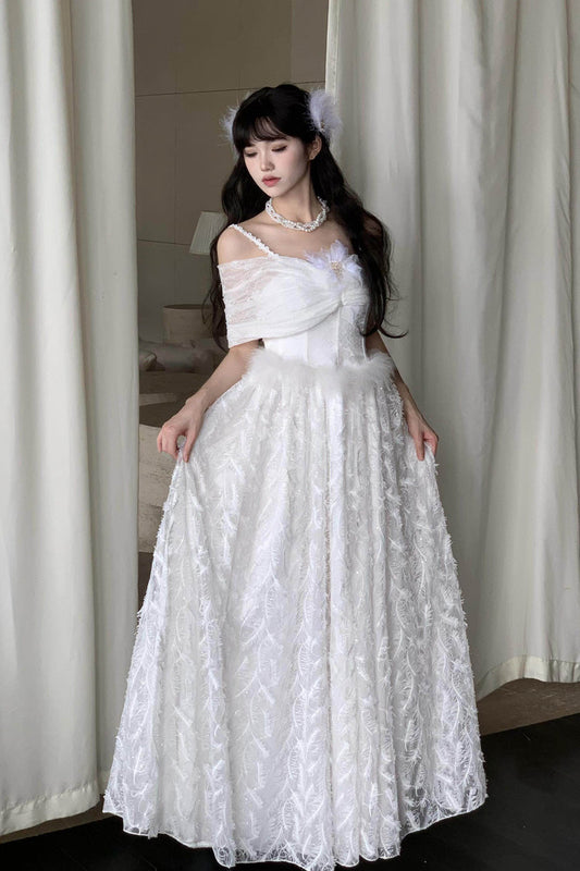 Ivory Moonlight Off-Shoulder Jacquard Embroidered Bow Gothic JSK