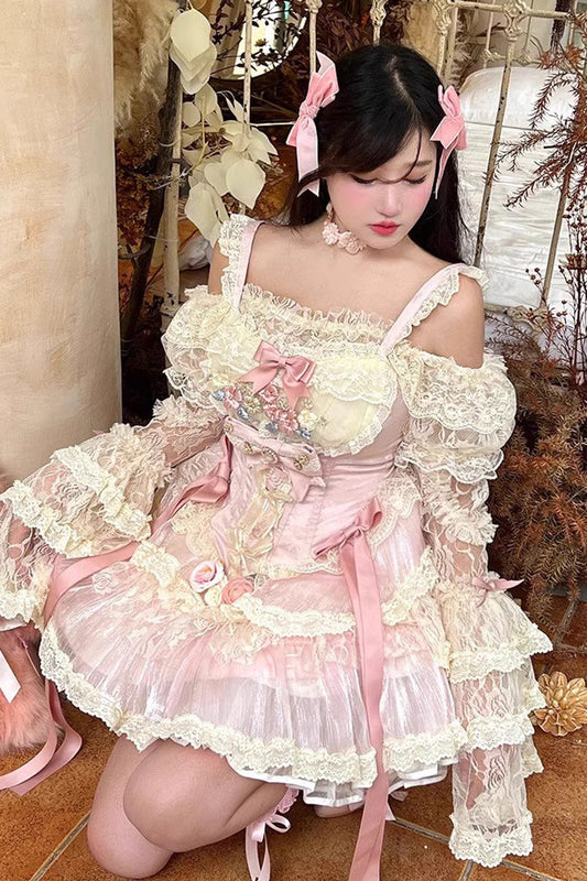 Pink Lace Flower Love Song Dress with Bowknot Details