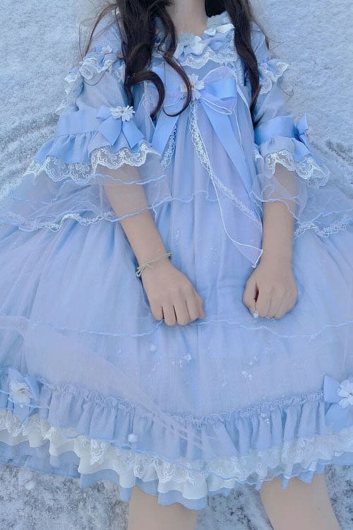 Azure Bow-Adorned Flared-Sleeve Ruffled Tiered Sweet Lolita Gown