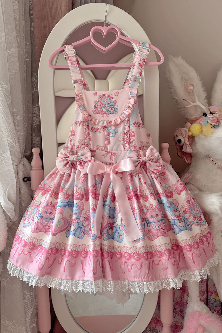 Milky Berry Bear Printed Pink Bow Stitching Lace Sweet Lolita Strap Dress - Miss Brown