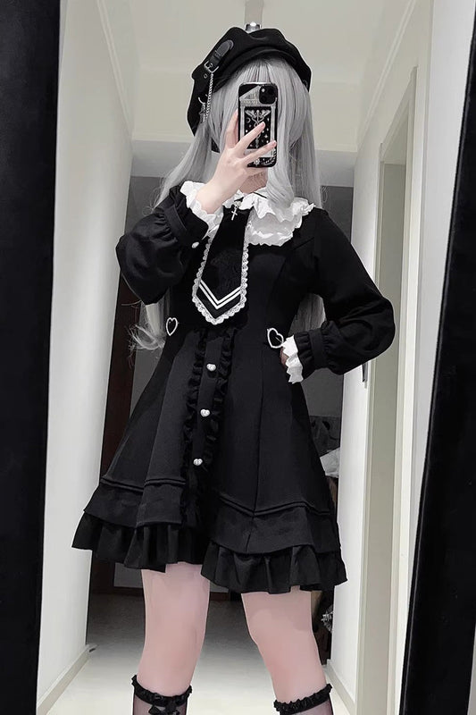 Black Angel Creed Ruffled Bow Stitched Lace Gothic College-Style Dress