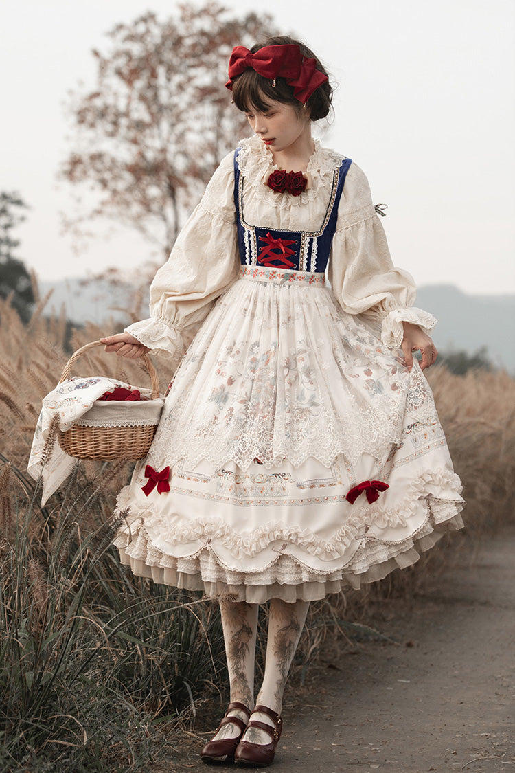 Cream Ode to Plenty Berry Bird Print Velvet Bow Frilled Classic Lolita Corset JSK Dress