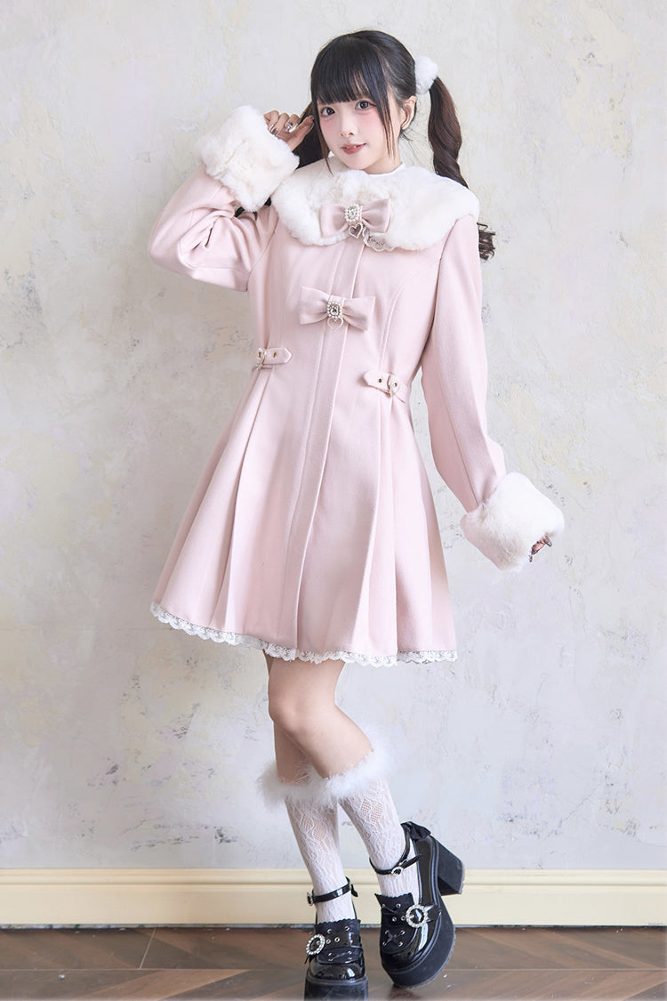 Plush Collar Waist-Cinched Long Sleeve Bow Lace Coat - Lolita Outerwear