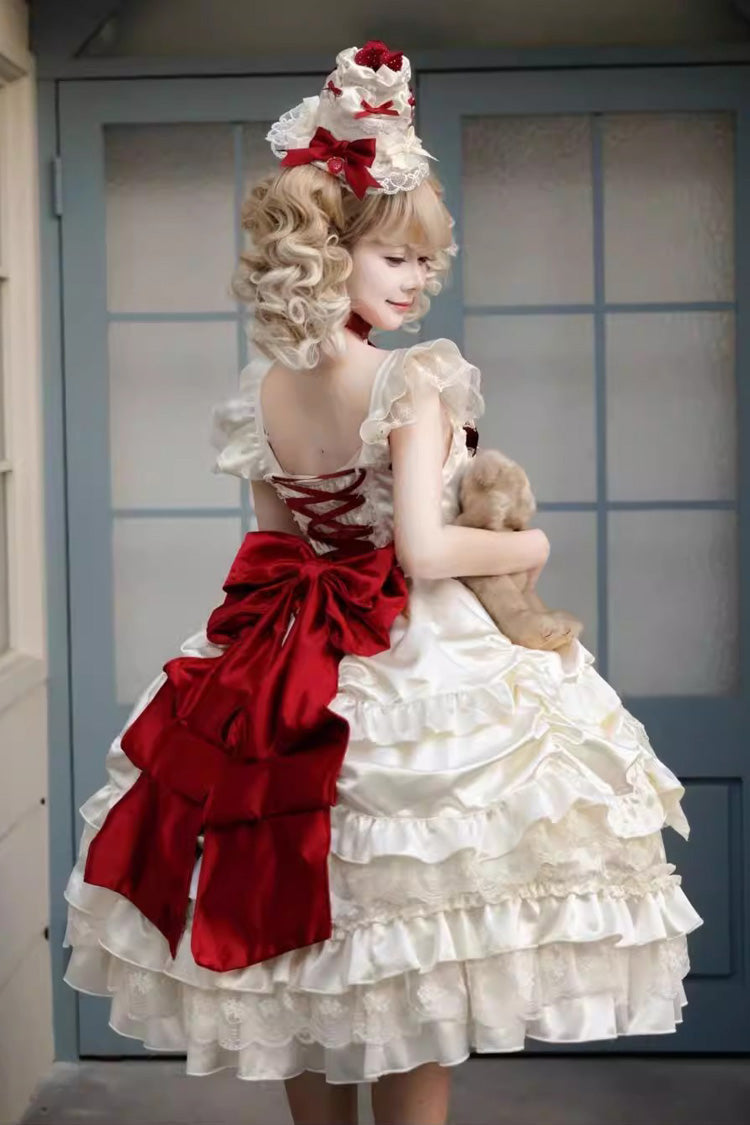 Sweet Apricot Square Collar Sleeveless Layered Ruffle Embroidered Bow Lolita JSK