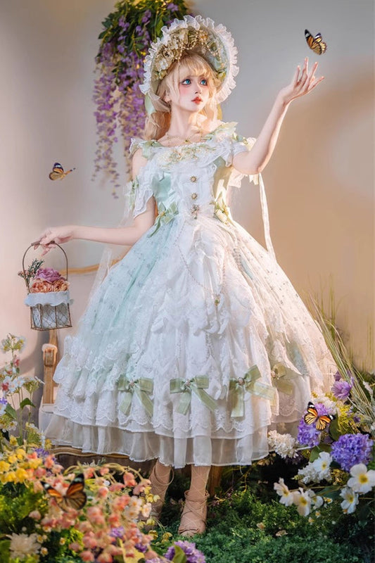 Glazed Phantom Off Shoulder Ruffle Hanayome Bow Lace Elegant Lolita Dress in Green