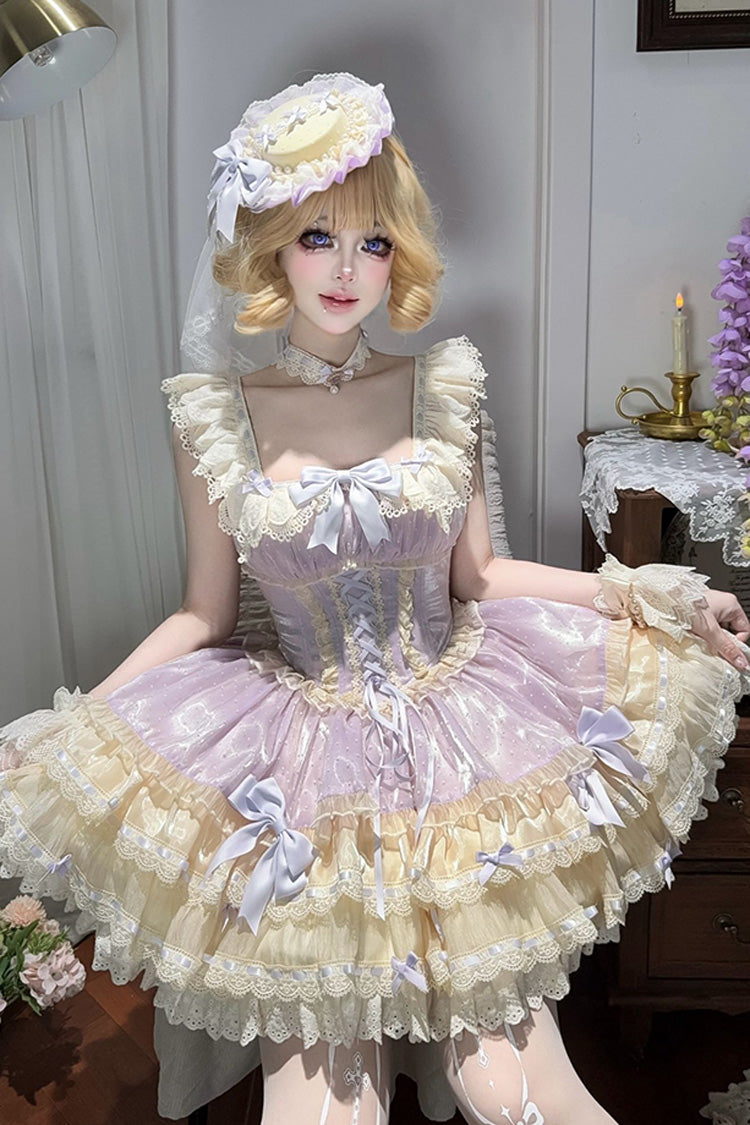 Flory Butterfly Violet Double-Layered Ruffle Bowknot Lace-Up Ballet Lolita JSK - Flory Butterfly
