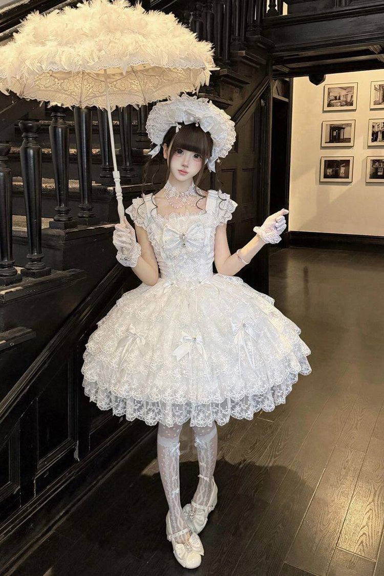 Ivory Square Collar Sleeveless Multi Bow Lace Pearl Gothic JSK