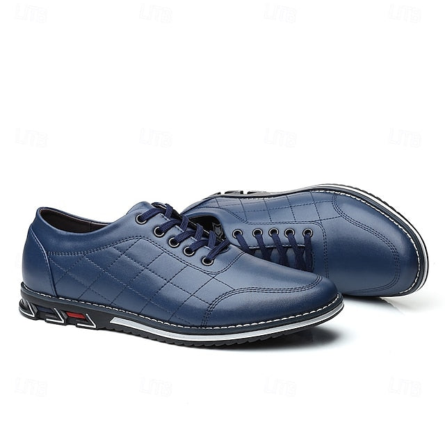 Faux Leather Lace-Up Sneakers Blue Stylish Men's Quilted -