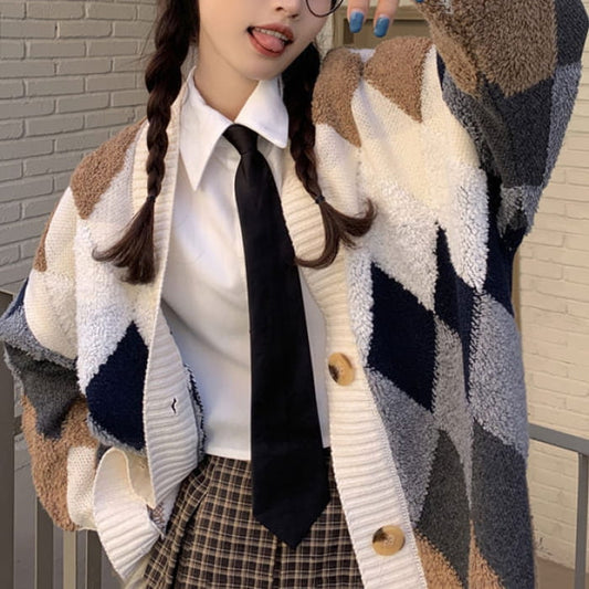 Aesthetic Argyle Cardigan - Free Size / Beige/grey