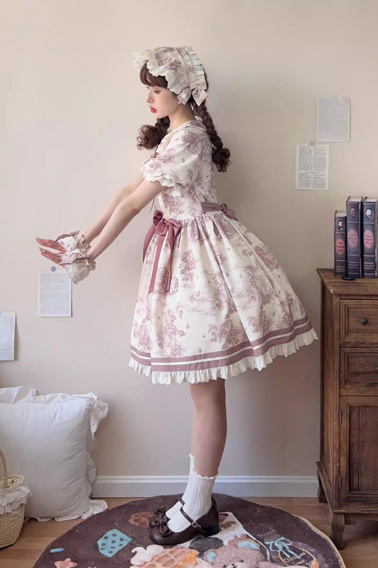 Grape Moon Almanac Short-Sleeve Multi-Layer Printed Ruffled Bow Sweet Lolita Dress