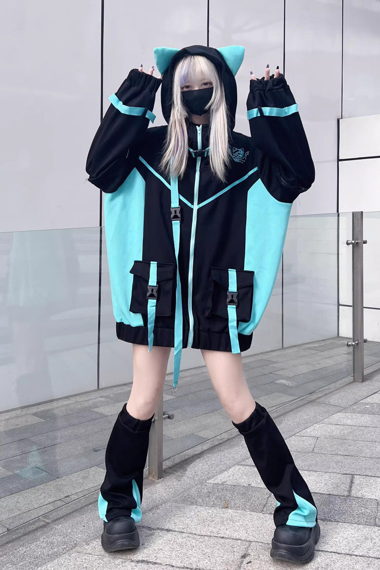 Black/Blue Chip Hacker Cyberpunk Functional Print Hooded Jirai Kei Japanese Sports Jacket