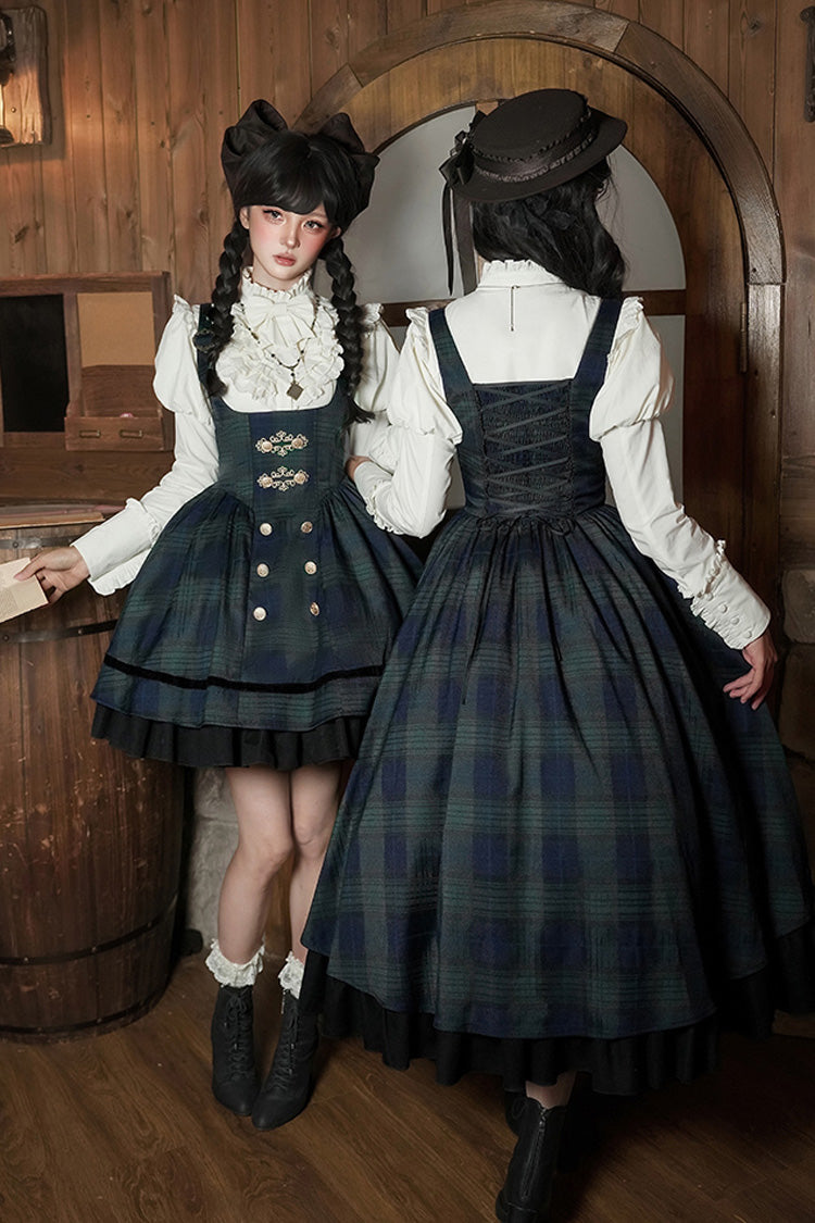 Blue Green Berlin Letter Double-Layered Plaid Print Ruffle Bowknot Classic College Style Lolita Strap Dress Set
